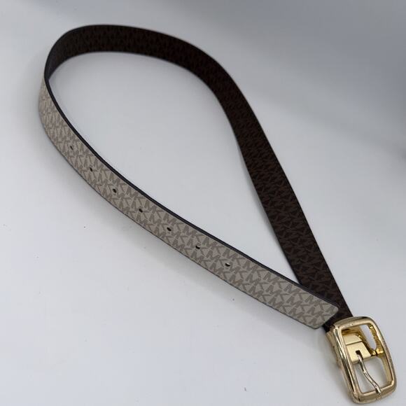 Michael Kors Logo Belt, Vanilla Brown Medium 36” Twist Reversible MK all-over - Picture 6 of 10